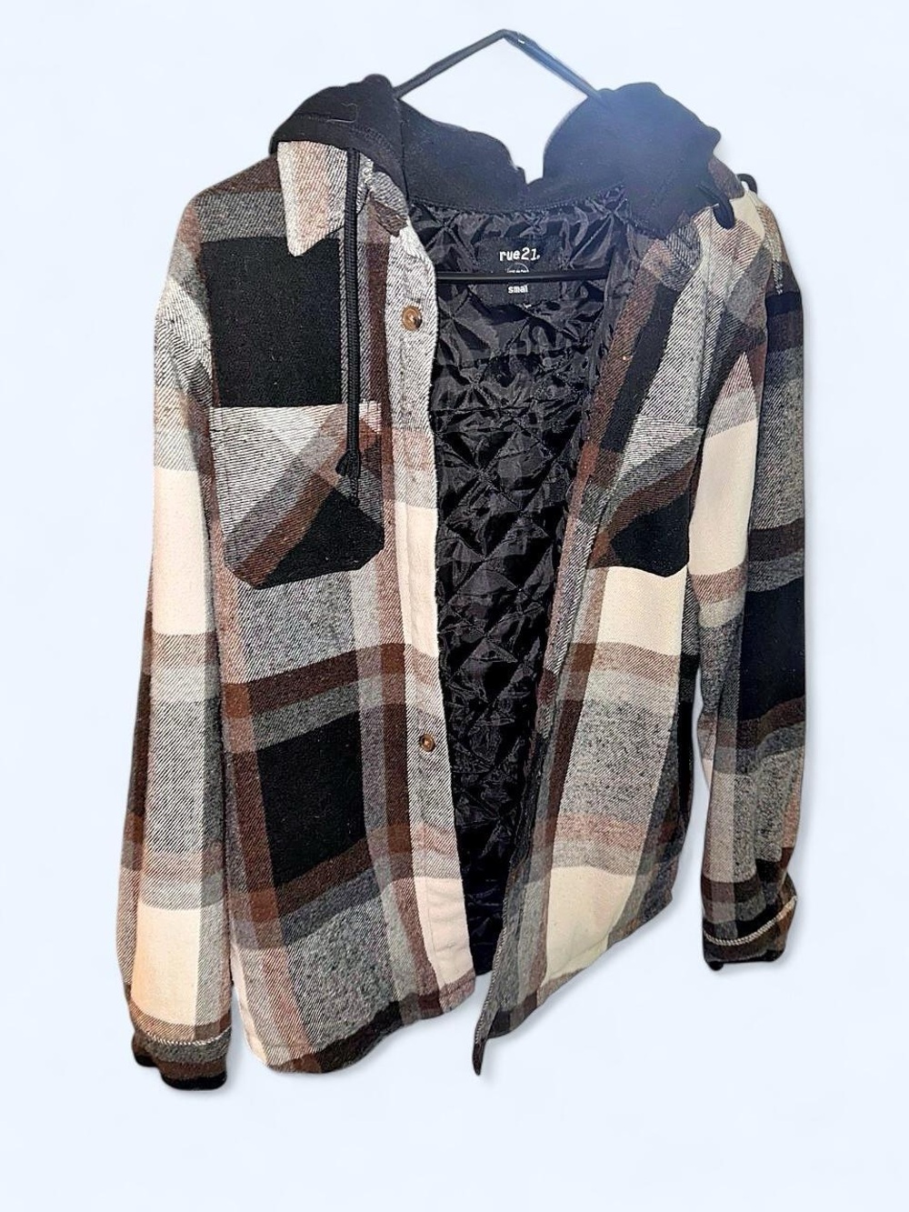 Rue21 Brown and Cream Plaid Hooded Jacket